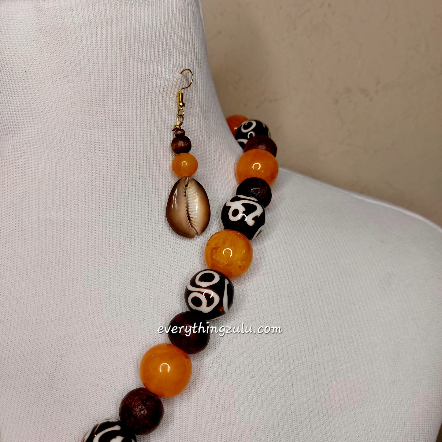 African gemstone and Tiger Cowrie shell necklace with matching earrings