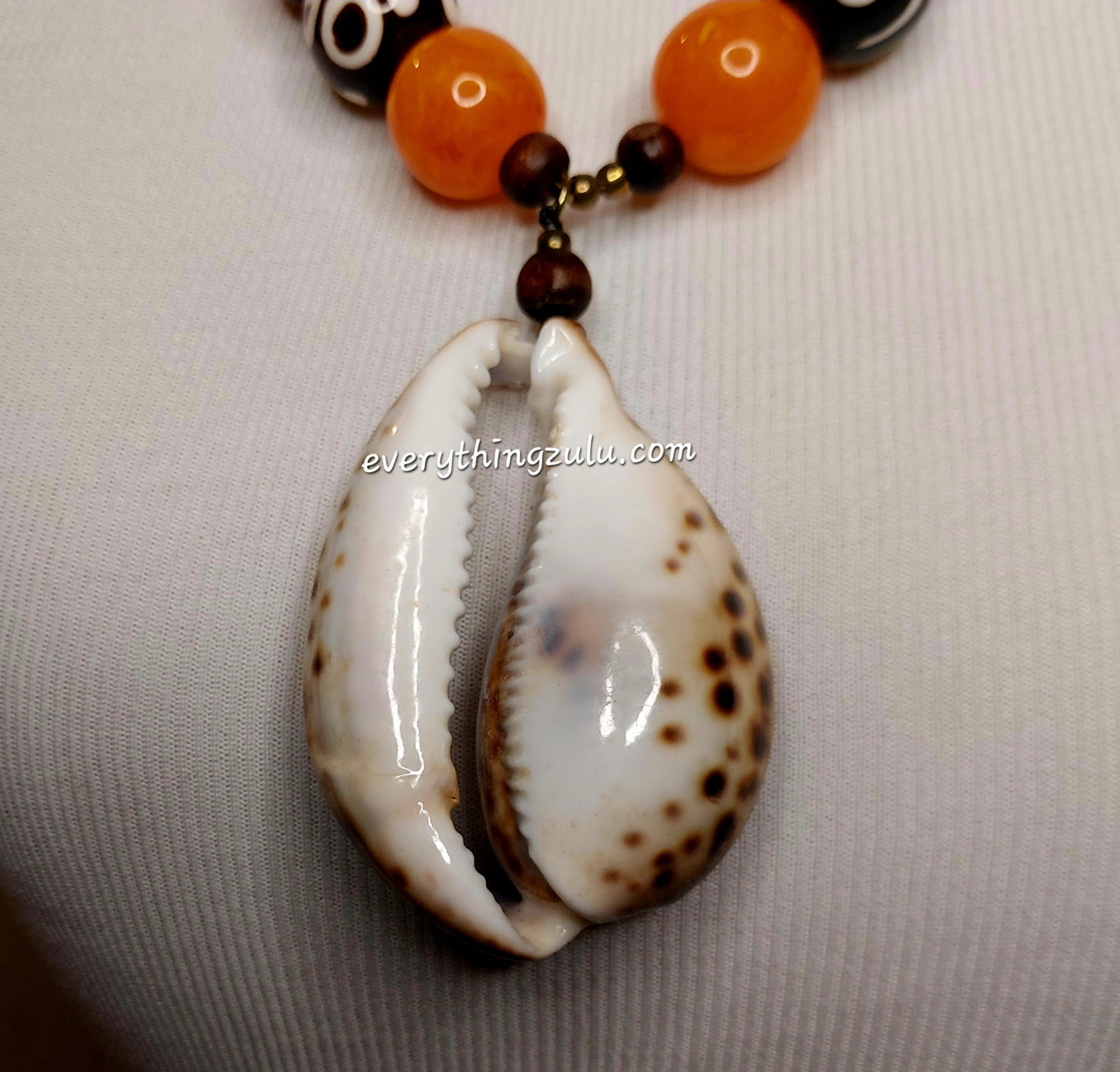 African gemstone and Tiger Cowrie shell necklace with matching earrings