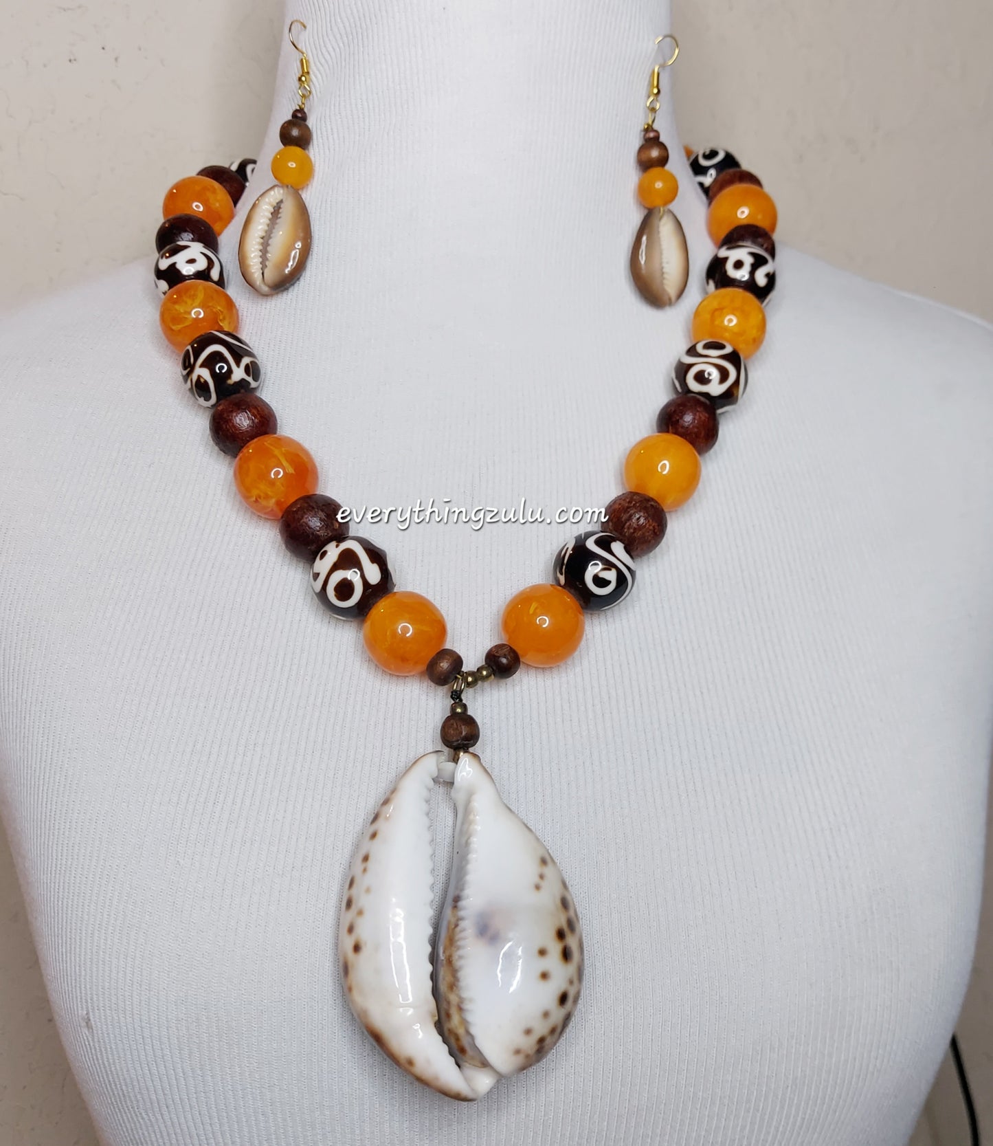 African gemstone and Tiger Cowrie shell necklace with matching earrings