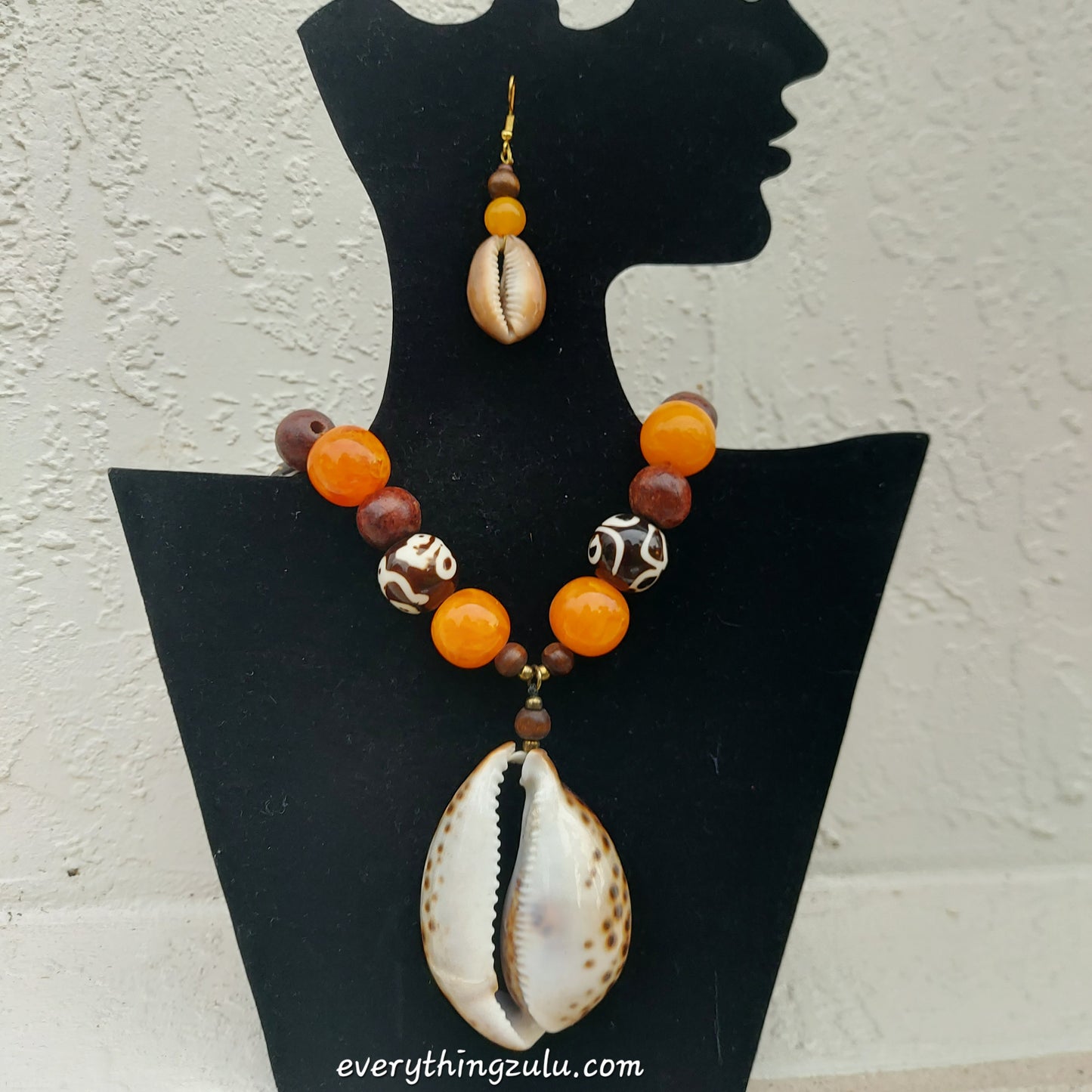 African gemstone and Tiger Cowrie shell necklace with matching earrings