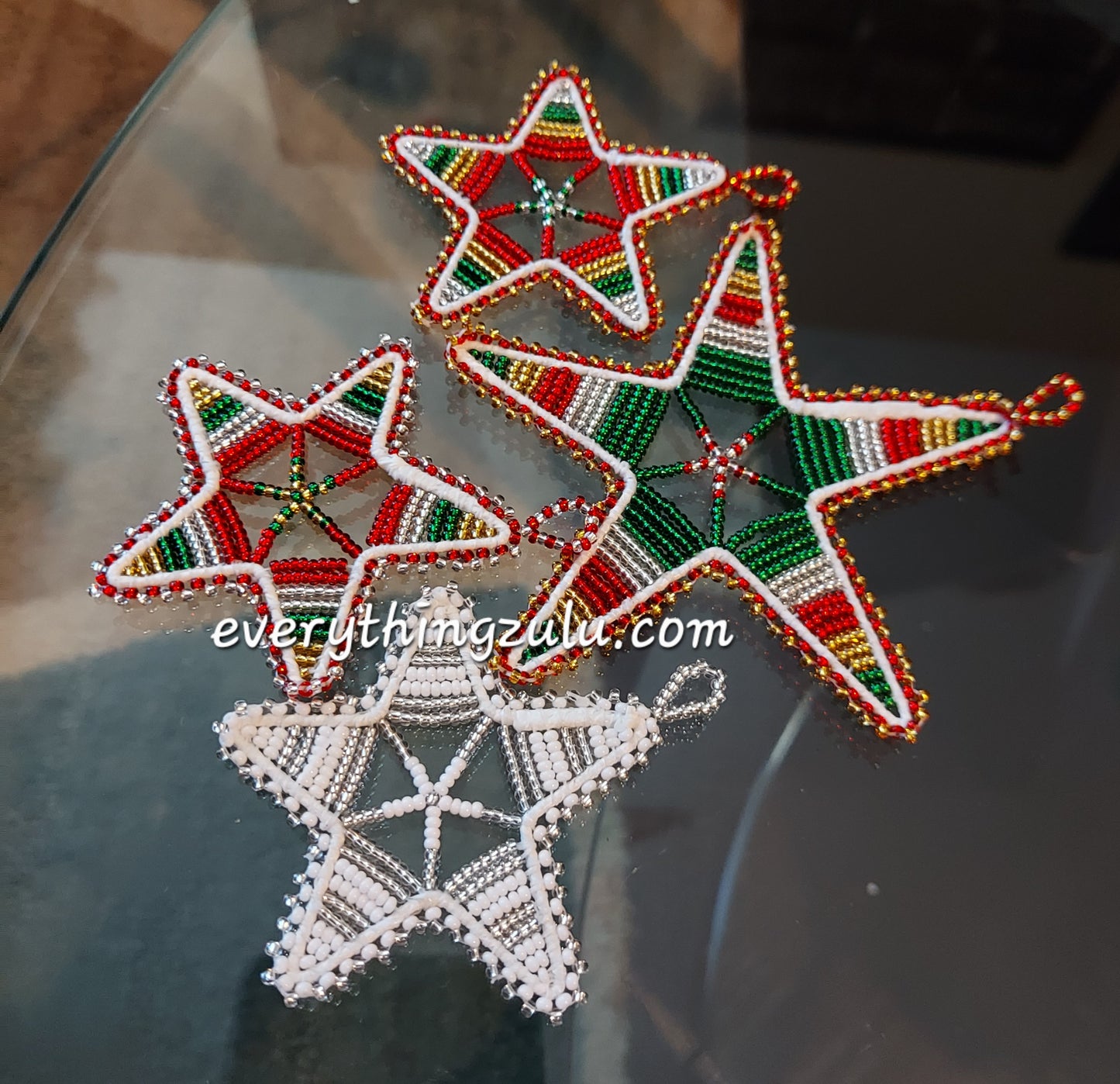 Set of 4 Beaded Christmas tree decorations. Beaded star