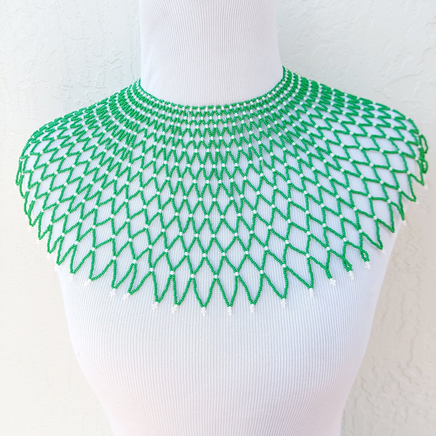 Green and white Bib Zulu Necklace . Women's jewelry