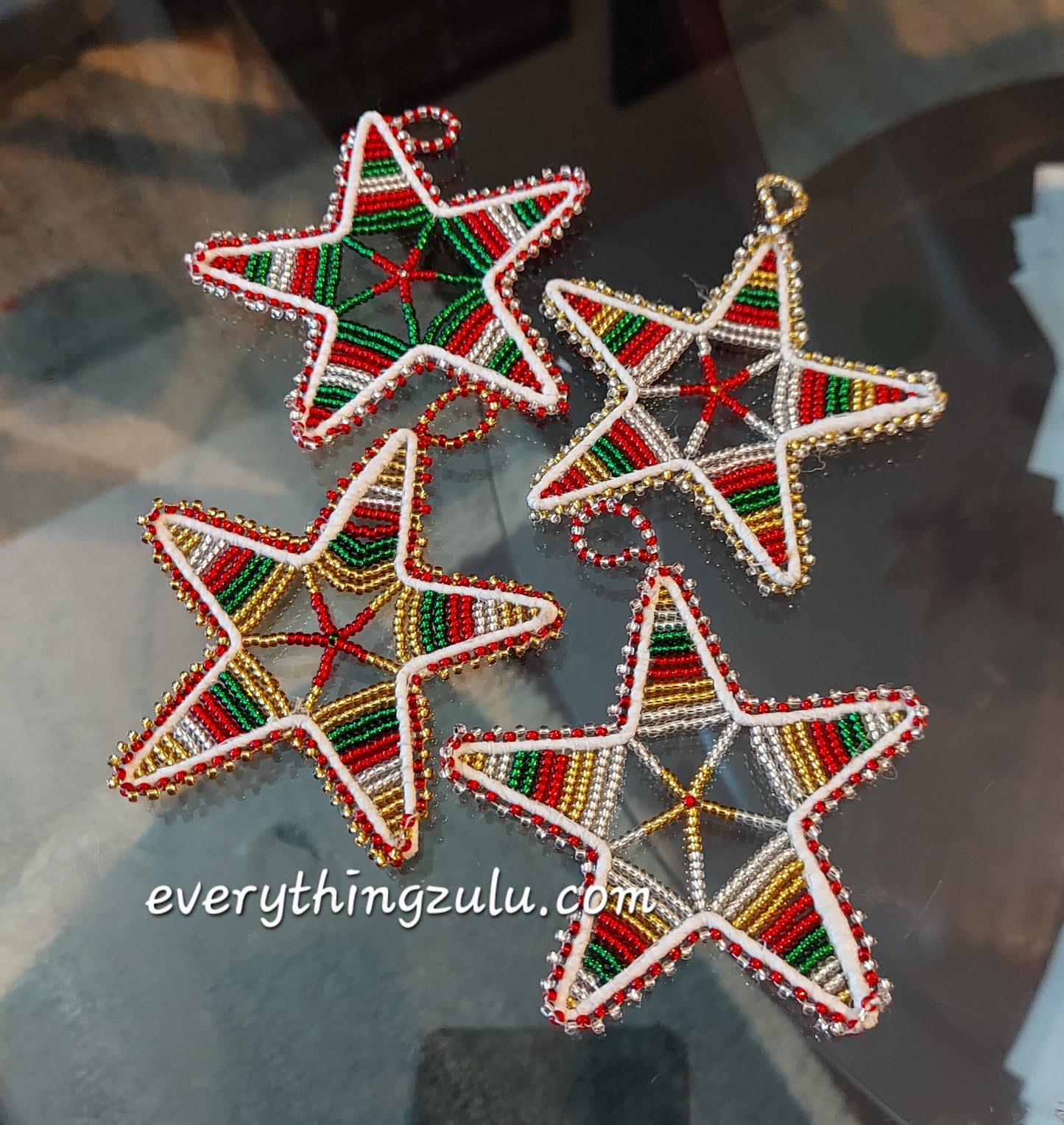 Set of 4 Beaded Christmas tree decorations. Beaded star