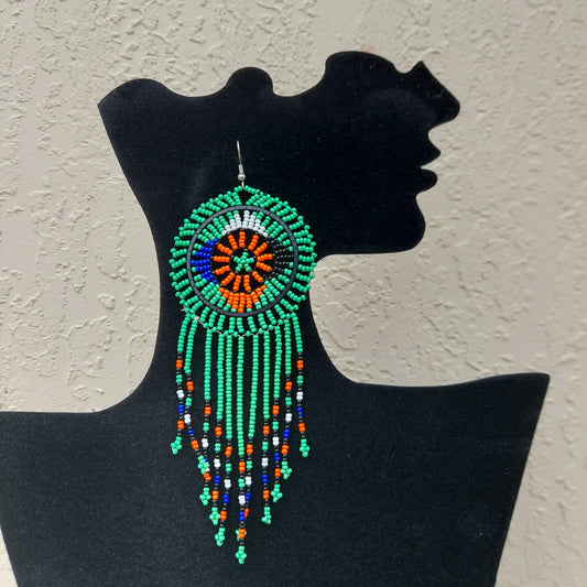 Green beaded tassel Zulu Earrings