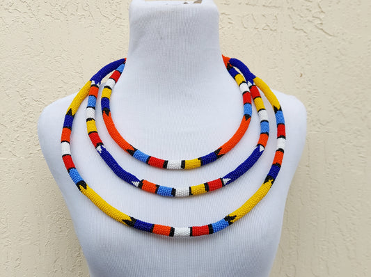 Beaded triple band straw Necklace.  Women's jewelry