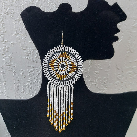 Gold and white beaded tassel Zulu Earrings