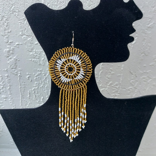 Gold and white beaded tassel Zulu Earrings