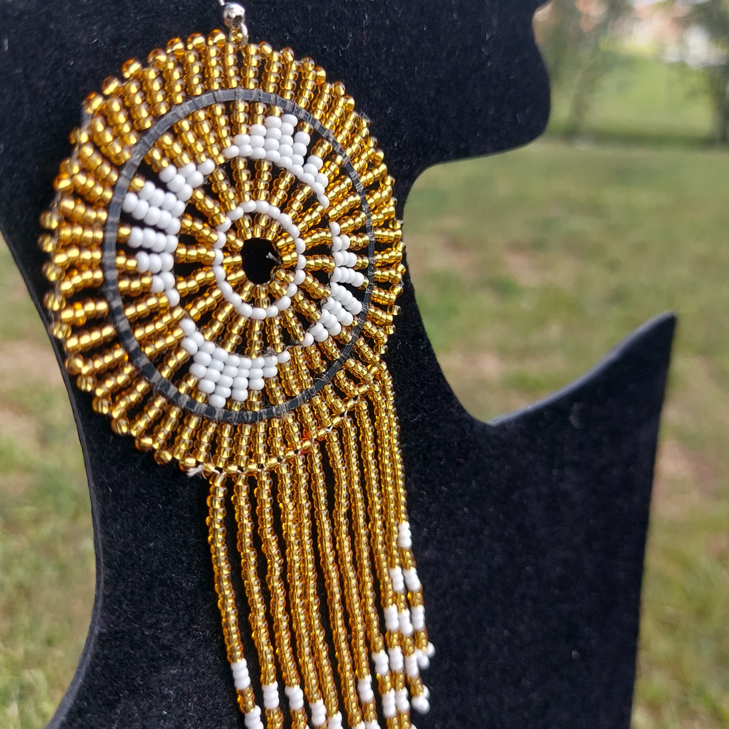 Gold and white beaded tassel Zulu Earrings