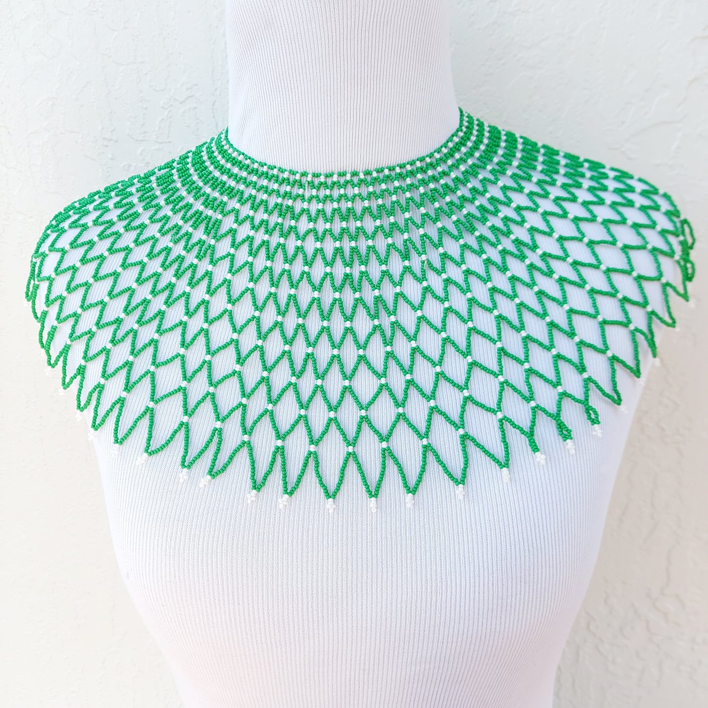 Green and white Bib Zulu Necklace .  Women's jewelry