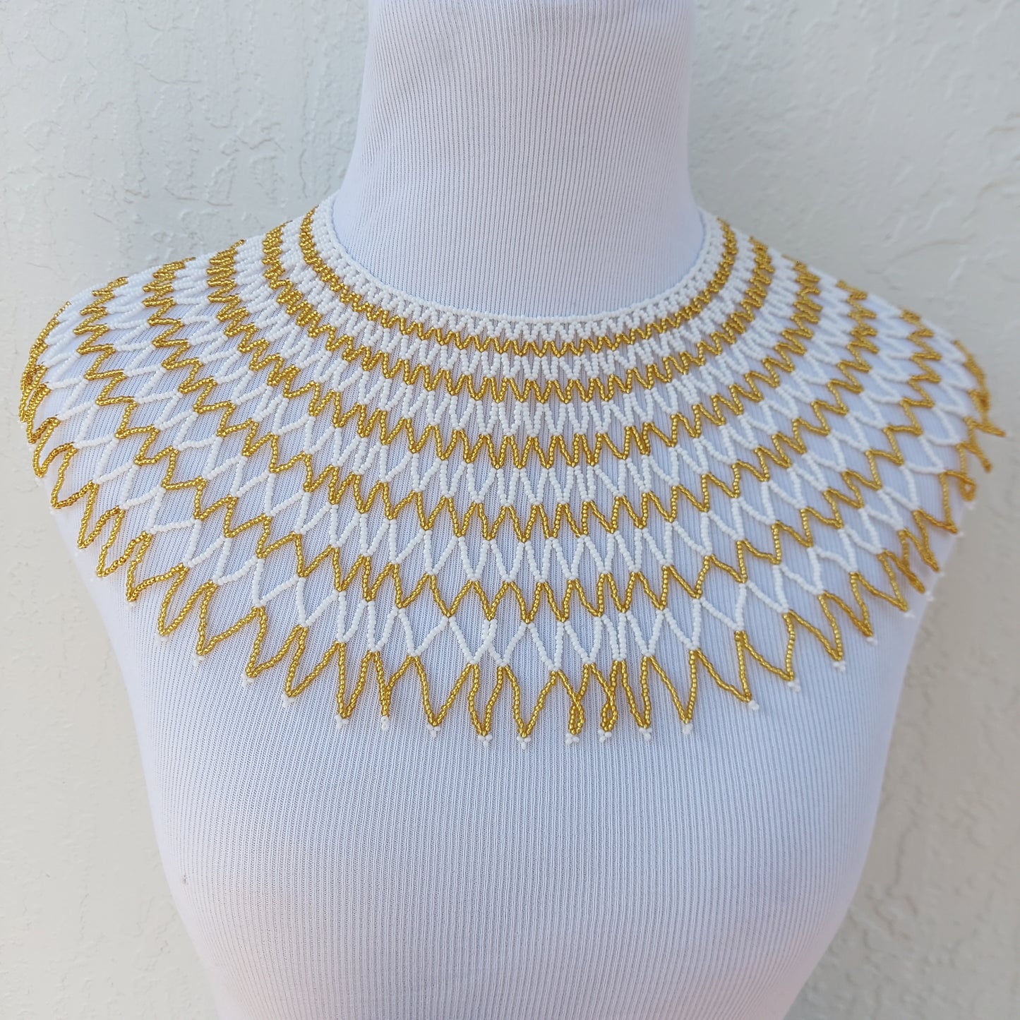 Gold and white Bib Zulu Necklace .  Women's jewelry